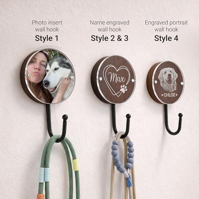 Personalized Dog Leash Hook Holder Wall Mount, Collar Harness Organizer with Pet Name or Photo, Wooden Custom Dog Mom Gift, Single Hook