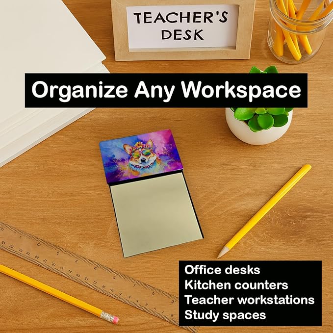 Caroline's Treasures Corgi Hippie Dawg Sticky Note Holder Refillable Dispenser Self-Sticky Note Pads, Memo Pads Blank Desk Accessories