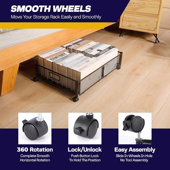 2pcs Large UnderBed Storage with Wheels - Sturdy Black Under Bed Storage with Wheels - Under the Bed Shoe Storage with Wheels of High-grade Steel – Can bare upto 25Kgs