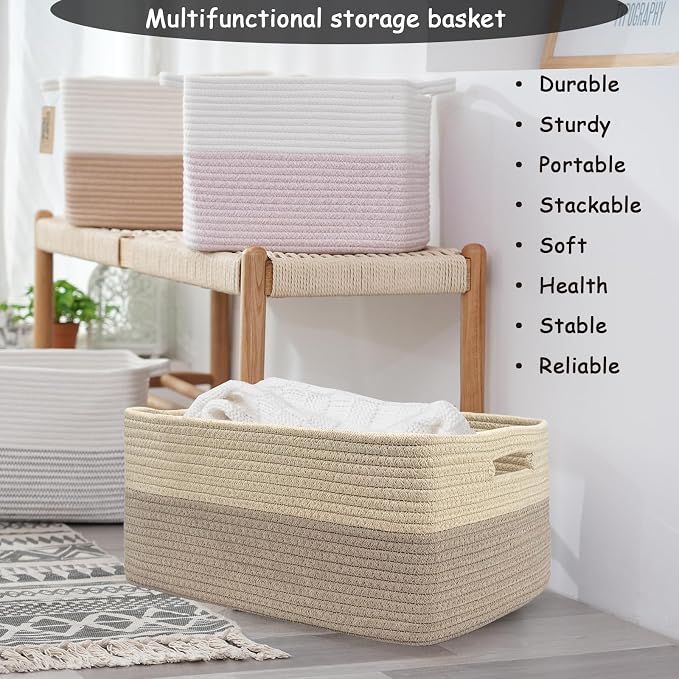 COMFY-HOMI Cotton Rope Woven Basket with Handles for Shelves,Toys,Book, Cloth Storage Baskets Bin for Organizing- 1 PCSToy Decorative Organizer for Living Room, Bathroom 17" x 13" x 7.5"