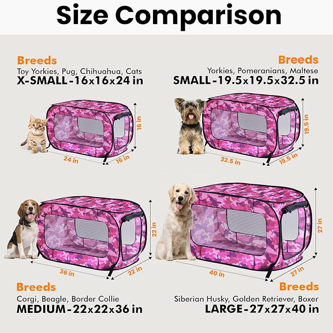 Portable Collapsible Pop Up Kennel, 40" L x 27" W x 27" H, Camo Pink | Collapsible indoor/outdoor travel cat and dog crate with mesh screen windows pops up and folds flat for easy storage