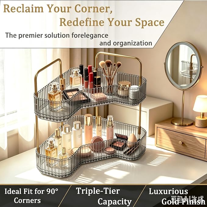 2-Tier Corner Bathroom Organizer, Skincare Vanity Counter Shelf Grey | Premium PET Perfume Display Stand with Gold Metal Rods, Space-Saving 90 Degree Storage Rack for Dresser