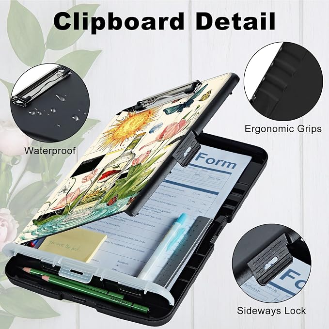 A4 Clipboard with Storage Pen Holder, Clipboards Organizer Nursing Clipboard Foldable File Folder Plastic Clipboard Folio Clip Board for Office Work Classroom Doctor, Sun Drift Bottle