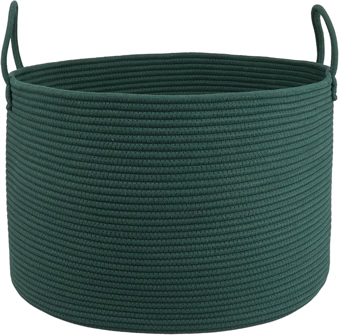 XUANGUO 66L Large Blanket Basket, Round Cotton Rope Basket, Dark Green | 20" x 13" Laundry Basket with Sturdy Handles for Blankets, Pillows and Toys; Storage for Living Room, Bedroom and Nursery