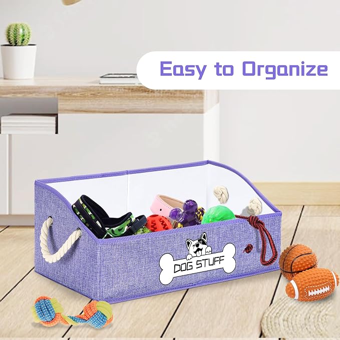Dog Toy Basket, Storage Bin, Collapsible Box for Pet Accessories | Fabric Container With Handle, Trapezoid Holder for Small Medium dogs, Organizer for Living Room, Purple