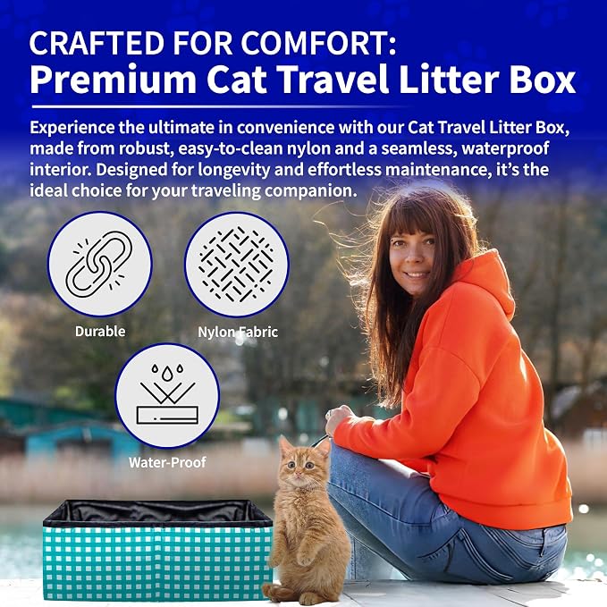 Pet Fit For Life Vibrant Collapsible Travel Cat Litter Box 16"x12"x5" Teal | Portable, Foldable Pop-Up Litter Box with Bonus Water Bowl. Compact Design Folds Flat for Travel, Camping and Home Use.