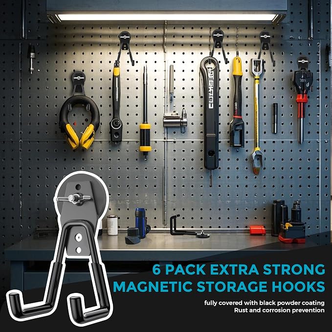 6Pcs Large Strong Magnetic Hooks Heavy Duty Garage Big Magnet Hooks Extra Strength Magnetic Utility Storage Hook Hanger with Anti Slip Coating for Garden Indoor Outdoor Hanging Tools Black