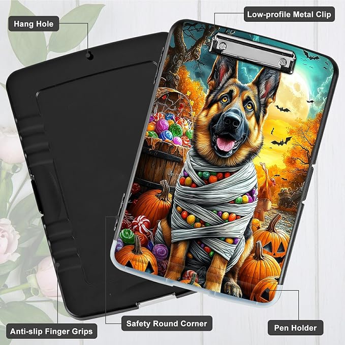 A4 Clipboard with Storage Pen Holder, Clipboards Organizer Nursing Clipboard Foldable File Folder Plastic Clipboard Folio Clip Board for Office Work Classroom Doctor, Pumpkin Puppy