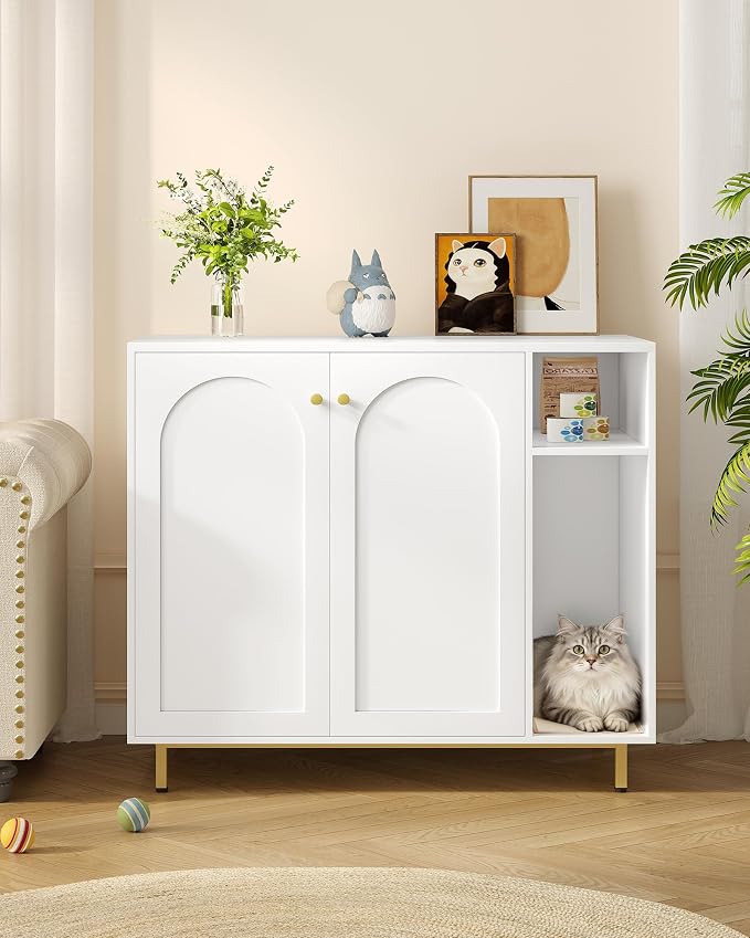 Hzuaneri Large Cat Litter Box Enclosure, Automatic Litter Box Furniture | Wooden Self-Cleaning Cat Cabinet with Storage & Scratch Pad, Modern Cat Washroom, End Table, White and Gold CB87103G