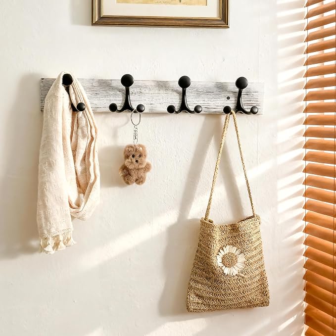 SKOLOO 24-Inch Wood Coat Rack Wall Mount with 4 Triple Hooks - Ideal for Family Entrances, Classrooms, and Pet Supplies Storage - Perfect Coat Hooks for Wall,Distressed White Wash, Pack of 2