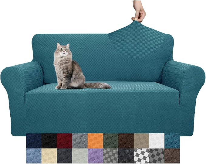 YEMYHOM Couch Cover Latest Jacquard Design High Stretch Sofa Covers for 2 Cushion Couch, Pet Dog Cat Proof Loveseat Slipcover Non Slip Magic Elastic Furniture Protector (Medium, Teal)