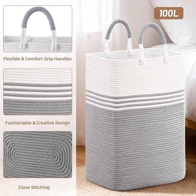 Laundry Basket Hamper,Blanket Storage,Dirty Clothes Hamper with Swivel Handles,Woven Cotton Rope Toy Baskets,Blanket Basket Living Room,Decorative Hampers for Nursery,Bedroom,White & Gray,100L