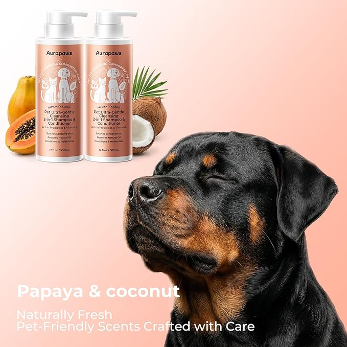 2-in-1 Dog Shampoo & Conditioner, Probiotic Pet Shampoo for Puppies & All Breeds, Hypoallergenic Formula for Sensitive Skin with Panthenol, Papaya Coconut Scent, 17oz, 2-Pack