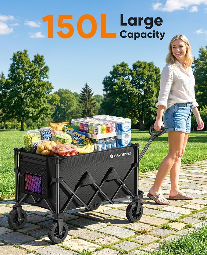 Collapsible Wagon Cart with Wheels, 330LBS for Grocery Shopping Camping | 150L Collapsible Wagon with Wheels,Heavy Duty Foldable Wagon,Portable Utility Carts for Camping Grocery Garden Shopping
