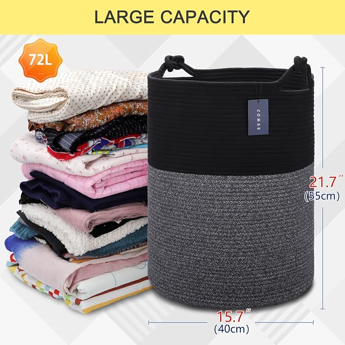 COMSE Tall Woven Blanket & Laundry Basket, 72L, Black | 15.7”x 21.7”, Cotton Rope, Large Nursery Hamper for Storage of Toys Clothes Towels, Great for Living Rooms Bedrooms Bathrooms