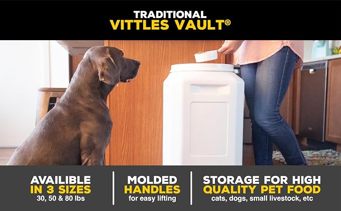Vittles Vault Traditional Dog and Cat Food Container + Scoop, Gray, 80lbs | BPA Free Plastic, Sealed Airtight for Kibble, Bird Seed, Oatmeal and More; Includes Scoop, Made in USA