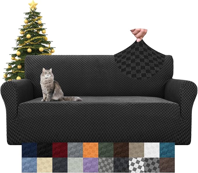 YEMYHOM Couch Cover Latest Jacquard Design High Stretch Sofa Covers for 3 Cushion Couch, Pet Dog Cat Proof Slipcover Non Slip Magic Elastic Furniture Protector (Large, Black Checkered)