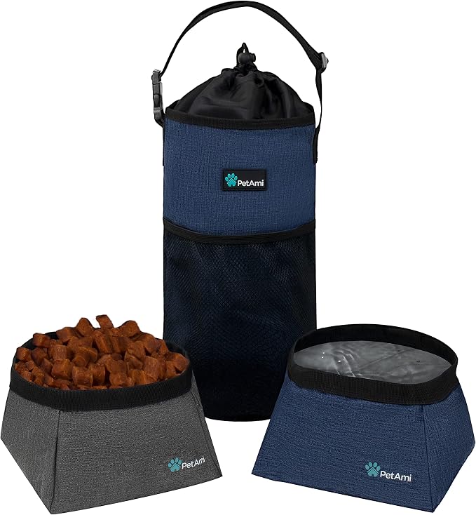 PetAmi Travel Dog Food Bag Pet Collapsible Dog Bowls Set, Dog Kibble Bag, Pet Food Water Bowls for Dogs Cats, Foldable Waterproof Dog Camping Bowls Cup Dish Accessories for Hiking, Navy & Gray