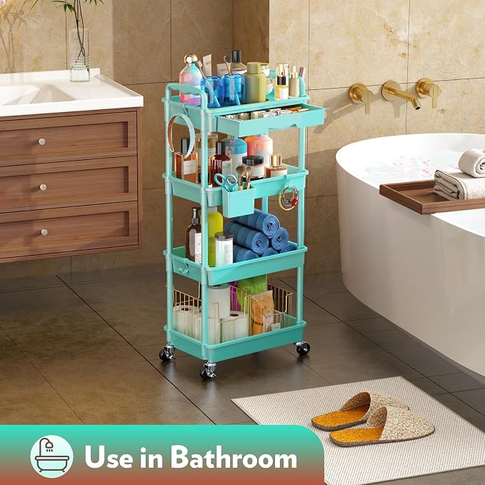 SUNALLY Makeup Cart Organizer with Drawer, 4 Tier Rolling Makeup Cart, Blue | Rolling Vanity Storage for Skin Care Perfume Nail Polish, Floor Skincare Organizers Cosmetics Display Bathroom Storage Cart