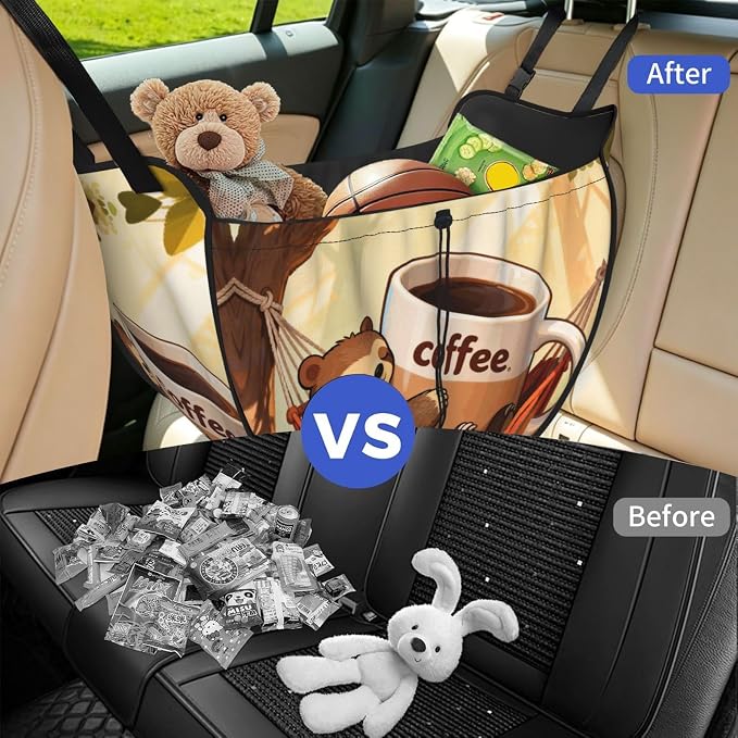 Bear drinking coffee Car Seat Organizer-Backseat Storage Bag for Travel | Waterproof Durable. Holds Snacks Gear Essentials. Fits Most Cars.