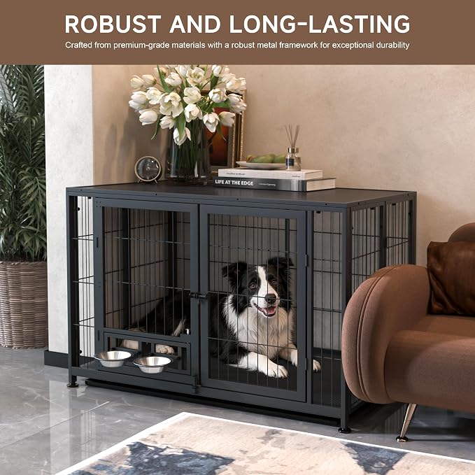 43.3" Heavy Duty Large Dog Crate with Wheels & Feeding Bowls, 3 in 1 Foldable Extra Large Dog Kennel & Playpen, Indestructible Escape-Proof Metal for Large Dogs, Indoor Outdoor, Black