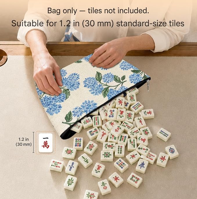 Blue Hydrangea Empty Mahjong Tile Bag 13x7.8 Inch | Blue Hydrangea Portable Travel Case Organizer Zipper Pouch for American Mahjong Tiles Game Night Accessories and Gifts