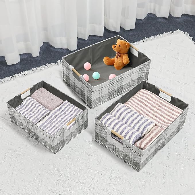 Fabric Storage Bin Box Collapsible Cotton Linen Storage Cube with Wooden Handles Rectangular Decorative Home Organizer Clothes Blanket Basket– Light Gray Plaid, Large