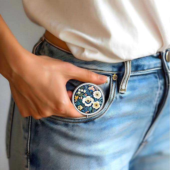 Pill Box-3 Compartment Small Pill Case for Purse & Pocket Mini Metal Pill Holder Travel Pill Container to Hold Supplements Vitamins BPA-Free (A-Flowers-02)