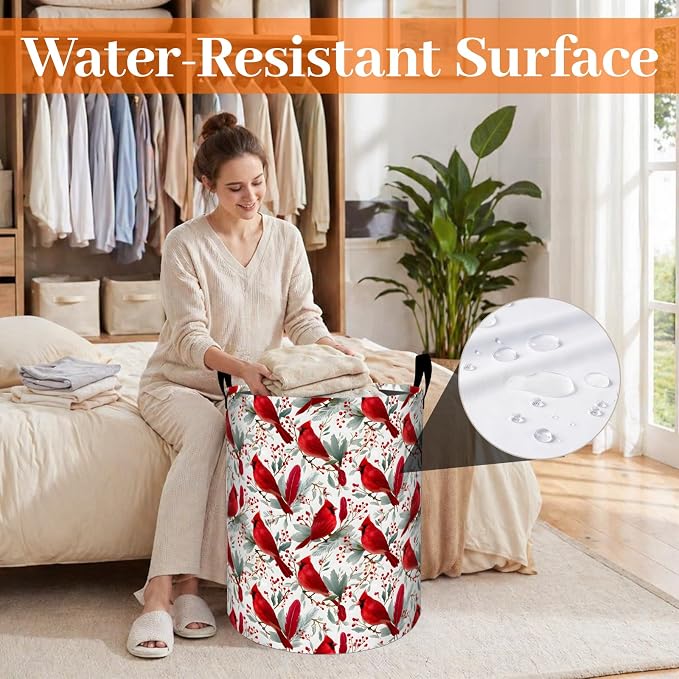 Elegant Cardinal Bird Laundry Basket, Red Berry Branch Oxford Cloth Dirty Clothes Collapsible Hamper for Room Decor, Winter Gifts, Toy Organizer 19.7 x 15.7 Inches for Bedroom Bathroom Dorm