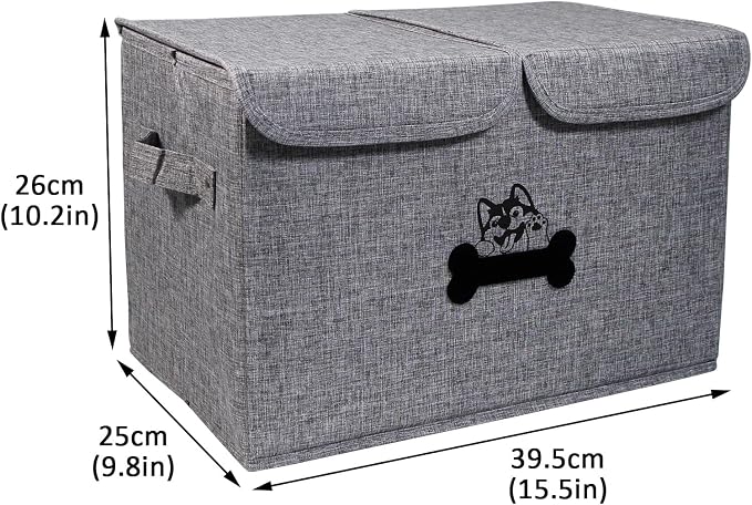 Large Dog Toy Bin-Pet Toys Storage Box-Fabric Storage Bin with Lid-Collapsible Dog Toy Organizer,Dog Toy Basket -Chew Proof Dog Bin-Can be Personalized-Gray