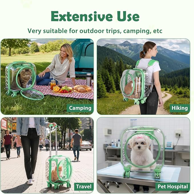 Pet Trolley Case with Ventilation Holes, Pet Carrier,Pet Rolling Carrier,Clear Window Pet Trolley Case,Pet Strollers for Small Dogs,Cat Carrier with Silent Wheels Telescopic for Travel (Green-A)
