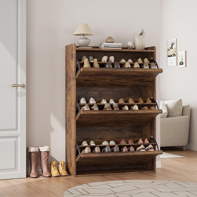 GarveeHome Shoe Cabinet with 3 Flip Drawers, Wooden Shoe Organizer Cabinet with Adjustable Shelf, Shoe Storage for Entryway, Hidden Shoe Cabinet for Hallway, Living Room, Rustic Brown