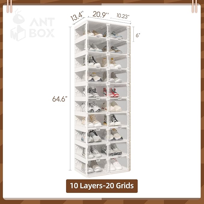 ANTBOX Collapsible Shoe Boxes Clear Plastic Stackable, Quick Setup Drop Front Shoe Organizer, Display Storage Cabinet for Sneakers10 Tiers 20 Pairs
