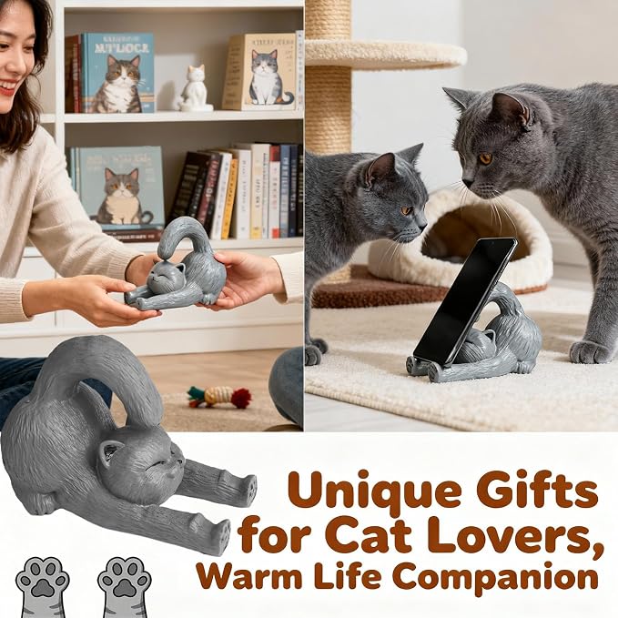 Cute Gray Feline Phone Stand for Desk, Stable Cell Phone & iPad Holder, Charming Desk Accessories for Cat Enthusiasts, Graduation for Women Teens Pet Owners