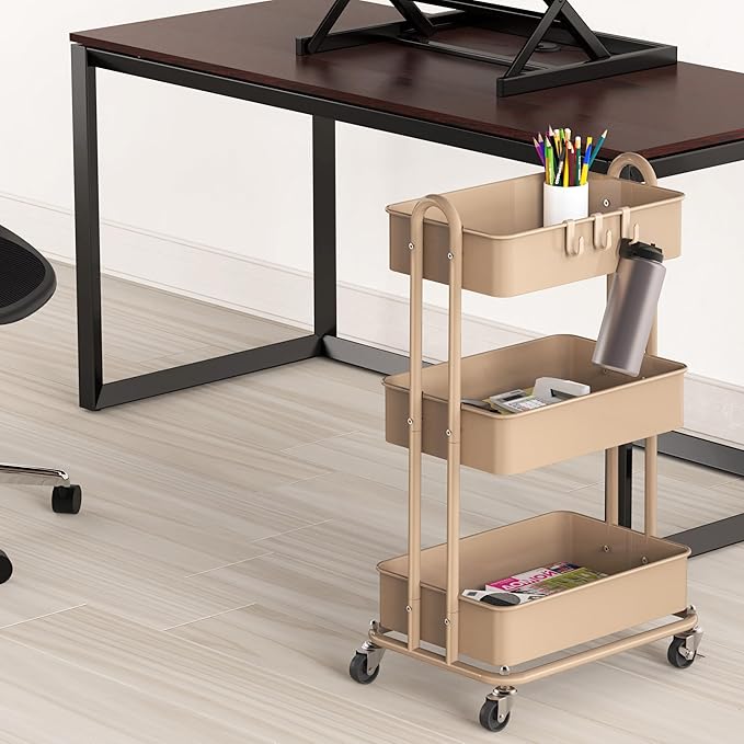 Simple Houseware 3-Tier Heavy Duty Metal Utility Rolling Cart, Khaki
