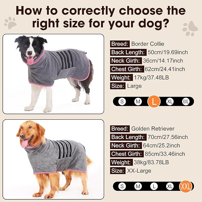 Microfibre Dog Bathrobe Towel Wrap Super Absorbent Dog Drying Coat Bath Robe for Puppy, Medium & Large Dogs, Fast Drying, Adjustable