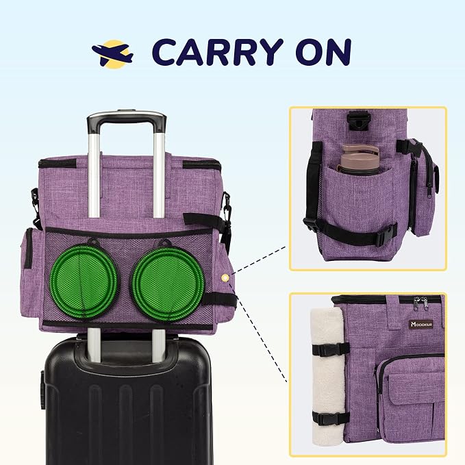 Modoker Dog Travel Organizer Carriers for Supplies & Accessories, Airline Approved Cat Pet Travel Bag, 2 Collapsible Bowls, 2 Travel Dog Food Container, Purple | Dog travel accessories set with feeding supplies, bowls, mat, and strap. Ideal for weekend...