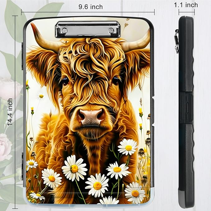 Flower Yellow Cow A4 Clipboard with Storage Pen Holder, Clipboards Organizer Nursing Clipboard Foldable File Folder Plastic Clipboard Folio Clip Board for Office Students Classroom Doctor