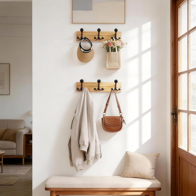 SKOLOO 17-Inch Wood Coat Rack Wall Mount with 3 Triple Hooks - Ideal for Family Entrances, Classrooms, and Pet Supplies Storage - Perfect Coat Hooks for Wall, Black on Natural