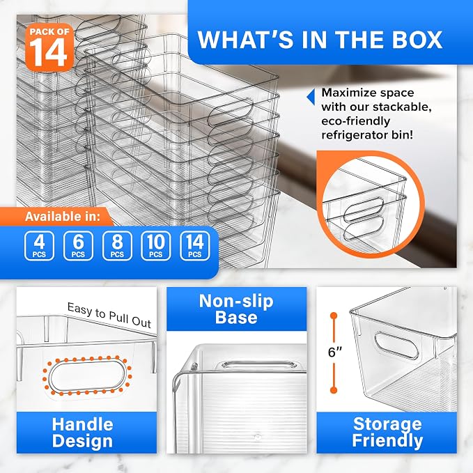 Lifemaster Stackable Refrigerator Bins - Set of 14 Large Capacity Organizers with Easy Grip Handles - Clear and Versatile for Kitchen Storage