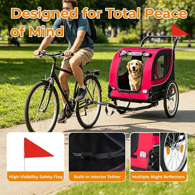 2-in-1 Bike Trailer & Pet Stroller for Dogs up to 100lbs– Foldable Pet Carrier Cart with Two 8'' Front Caster & 20'' Quick Release Air-Filled Wheels, Breathable Mesh and PVC Rain Cover, Red