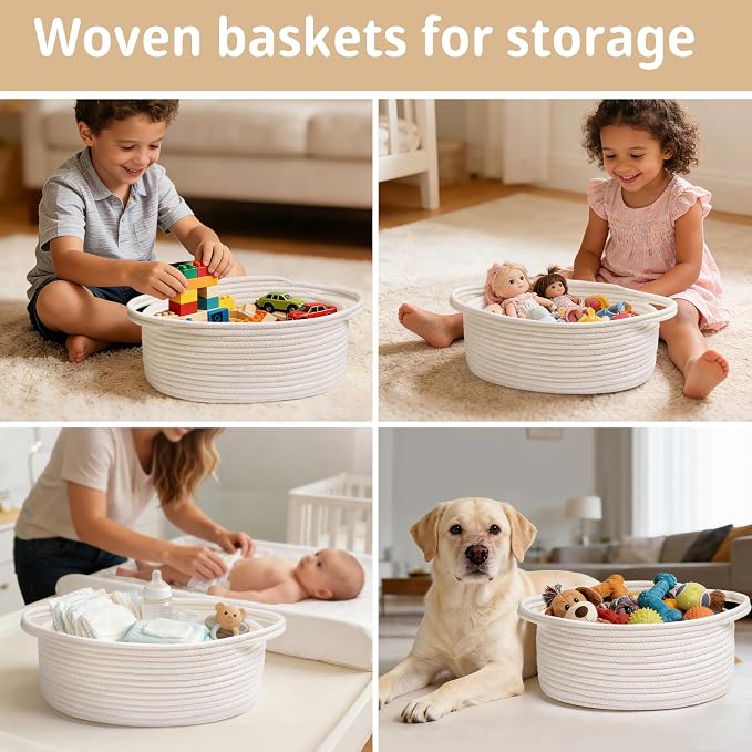 Bufims Small Woven Basket Gift For Empty With Ribbons and Bags, Durable Cute Gifts 12"X 8" X 5"Small Rope Basket for Gifting,White