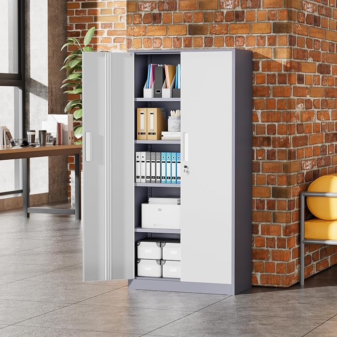 Greenvelly Metal Storage Cabinet, 72" Locking Metal Garage Storage Cabinet with Doors and 4 Adjustable Shelves, Lockable Steel Cabinet for Home Office, Garage, Shop, School (White Grey 32" W x 16" D)