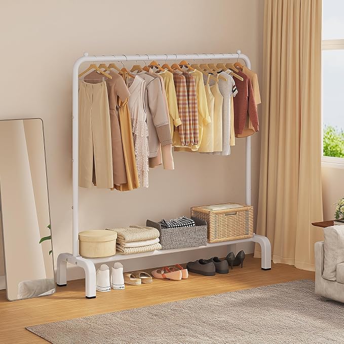 Metal Clothing Rack, 43.3 Inches Clothes Garment Coat Rack with Bottom Shelf for Hanging Skirts, Shirts, Sweaters, White | Metal 43.3 Inches Garment Rack Clothing Clothes Rack with Bottom Shelf for Hanging Clothes Coats Skirts Shirts Sweaters White
