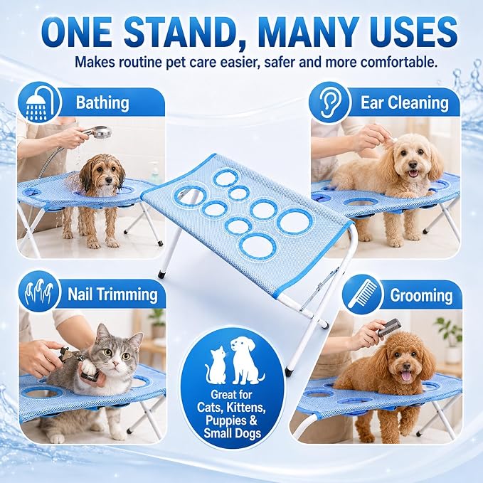 2-in-1 Foldable Pet Grooming Bed Portable Pet Hammock for Dogs and Cats | Eight Hole Quick Dry Mesh Iron Frame Stable Support up to 10kg for Bathing Nail Care and Cleaning(White)