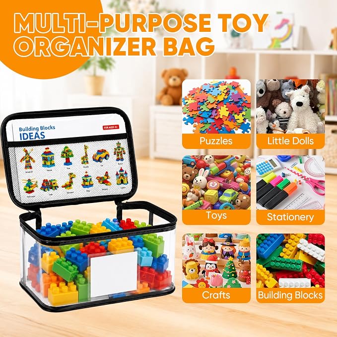 10 Packs Clear Toy Storage Bags with Zippers,Toy Organizers and Storage | Name Tag, Manual Pocket, Travel Portable, Waterproof, Reusable Toy Organizer for Building Blocks, Board Game, Puzzles, Dolls