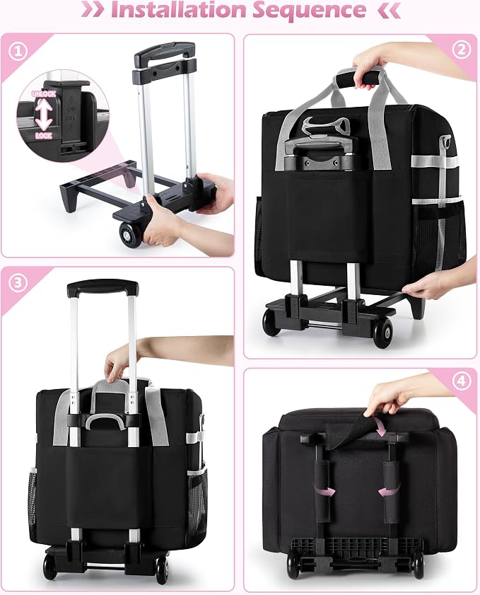Marscamd Large Rolling Cleaning Caddy Bag with Detachable Trolley, Black | with Detachable Shoulder Strap, Cleaning Bags for Housekeepers on Wheels