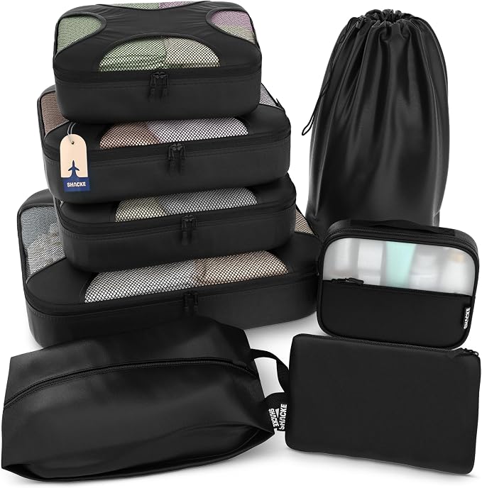Shacke 8 Set Packing Cubes for Travel, Shoe & Toiletry Bags (Black) | Complete Suitcase Organizer Bags Set: 4 Luggage Packing Cubes + Laundry, Shoe, Toiletry & Accessories Bags for Any Trip