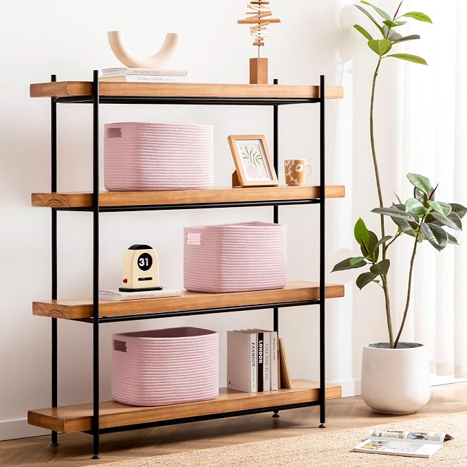 4 Pack Storage Baskets for Organizing, Shelf Baskets with Handles, Pink | 14.5"Lx9.8"Wx9"H, Woven Basket, Cotton Rope Basket, Toy Storage, Cube Shelf, Gift Baskets Empty, Home Decor