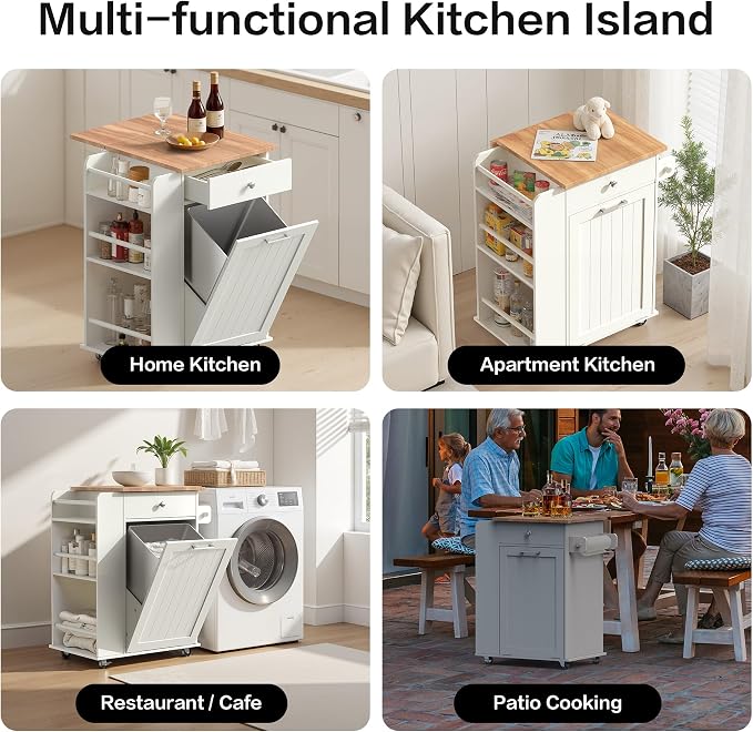 Kitchen Island with Trash Can Storage & Drop Leaf, Portable Kitchen Island on Wheels, Rolling Island Table for Kithchen